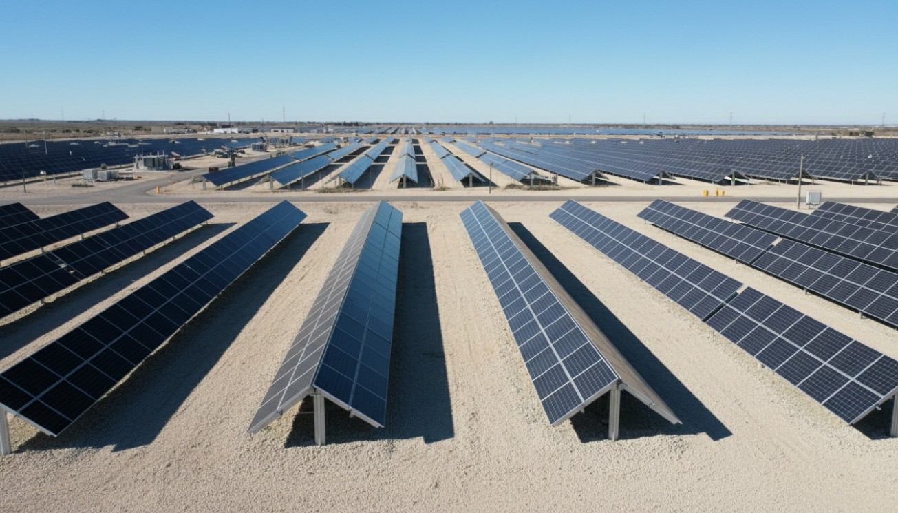 Utility-scale bifacial solar farm using reflective ground surface and open row spacing to improve rear-side energy generation